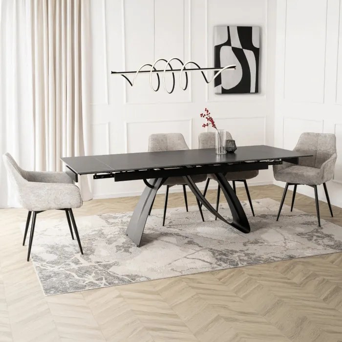 Stół Rozkładany Prostokątny DEVON 160-220 cm Ceramiczny Czarny Marmur/Czarny Nowoczesny