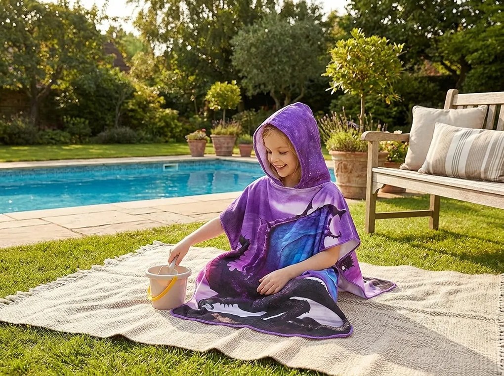 Dziecięce ponczo SMOK fioletowe Rozmiar: 60 x 120 cm