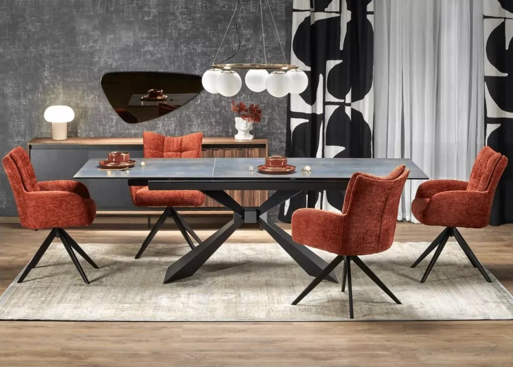 Prostokątny stół Sorrento rozkładany 180-230 cm, blat ceramiczny z niebieskiego marmuru, nogi czarne metalowe
