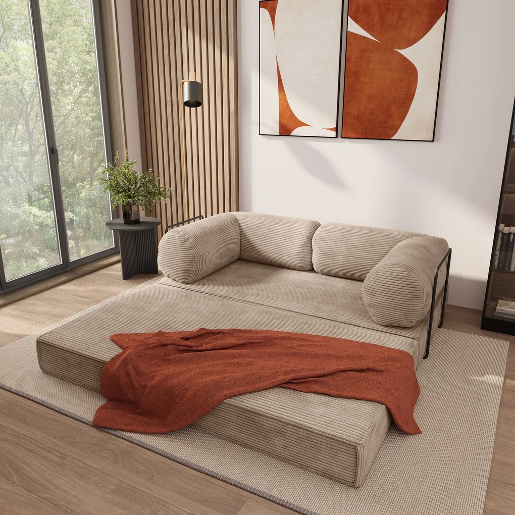 Masseno Sofa piankowa ALVIO z funkcją spania, Kanapa z pianki do salonu, Bezmontażowa, Tkanina sztruksowa – Beżowy POSO 02