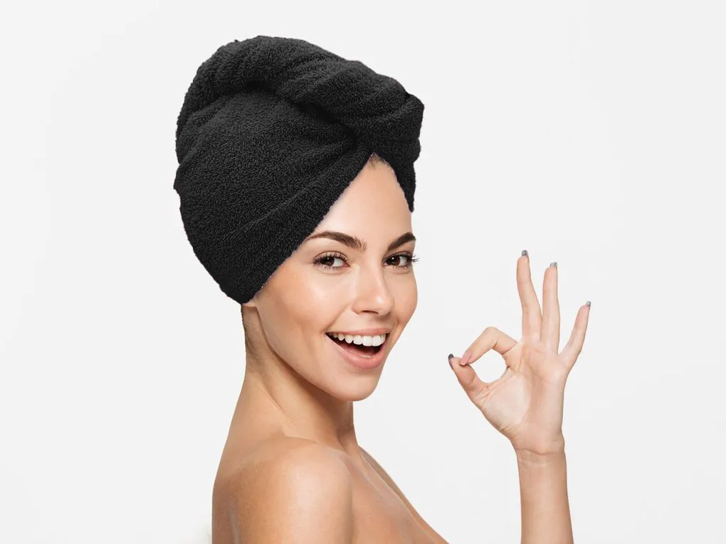 Szybkoschnący turban do włosów frotte czarny, 100% bawełna