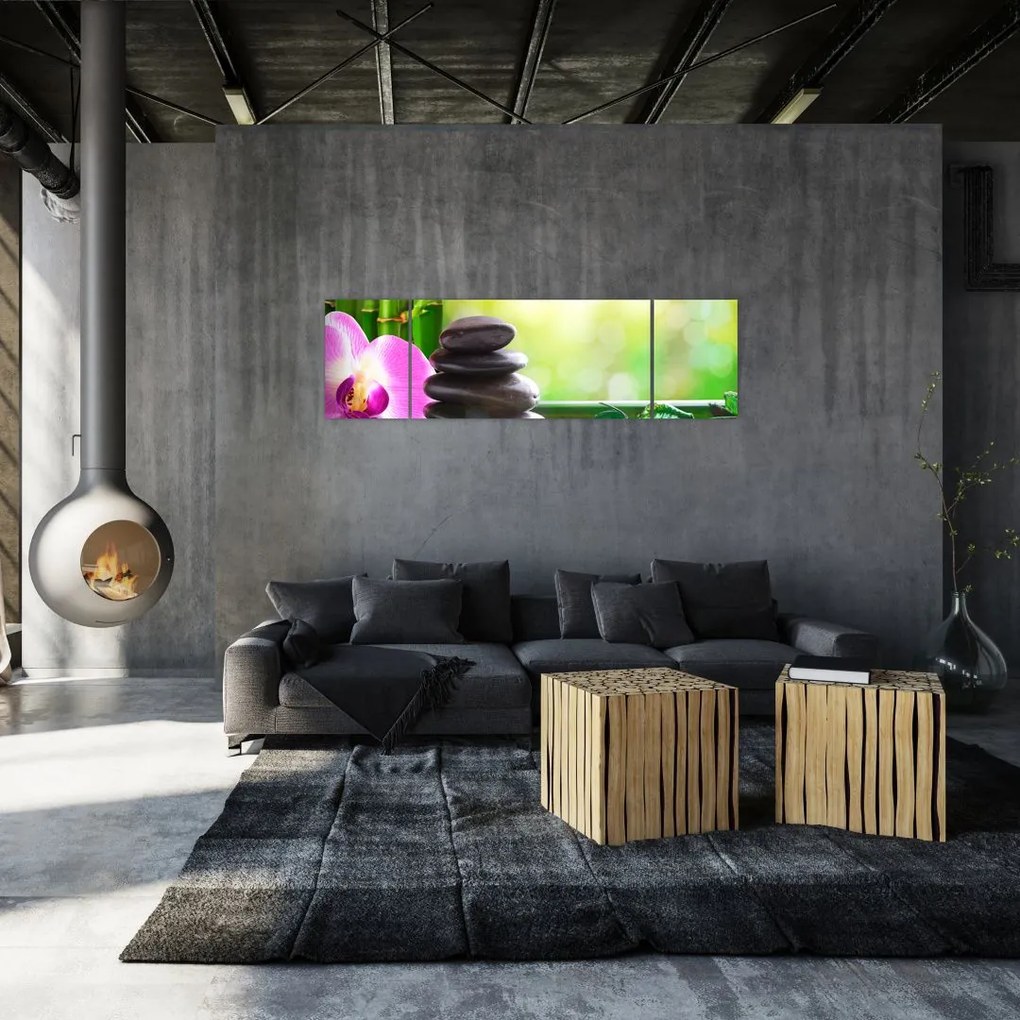 Obraz kamieni do masażu i storczyków na wodzie (170x50 cm)