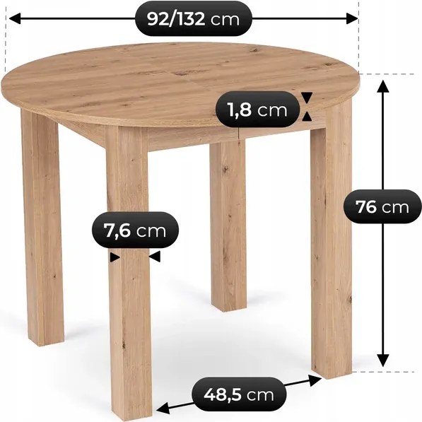 Stół Okrągły Rozkładany HARRY 92-132 cm Dąb Artisan Skandynawski