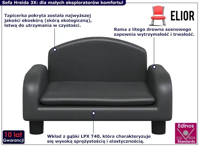 Minimalistyczna czarna kanapa dla dziecka - Hreida 3X