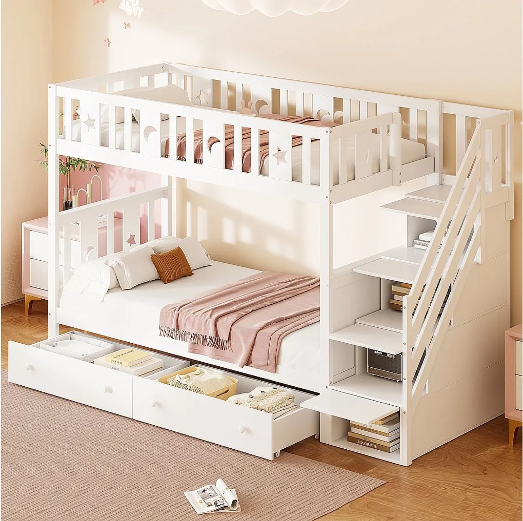Łóżko piętrowe dla dzieci - 2 x 90 x 200 cm - z drabinką + 2 szuflady - drewno - białe