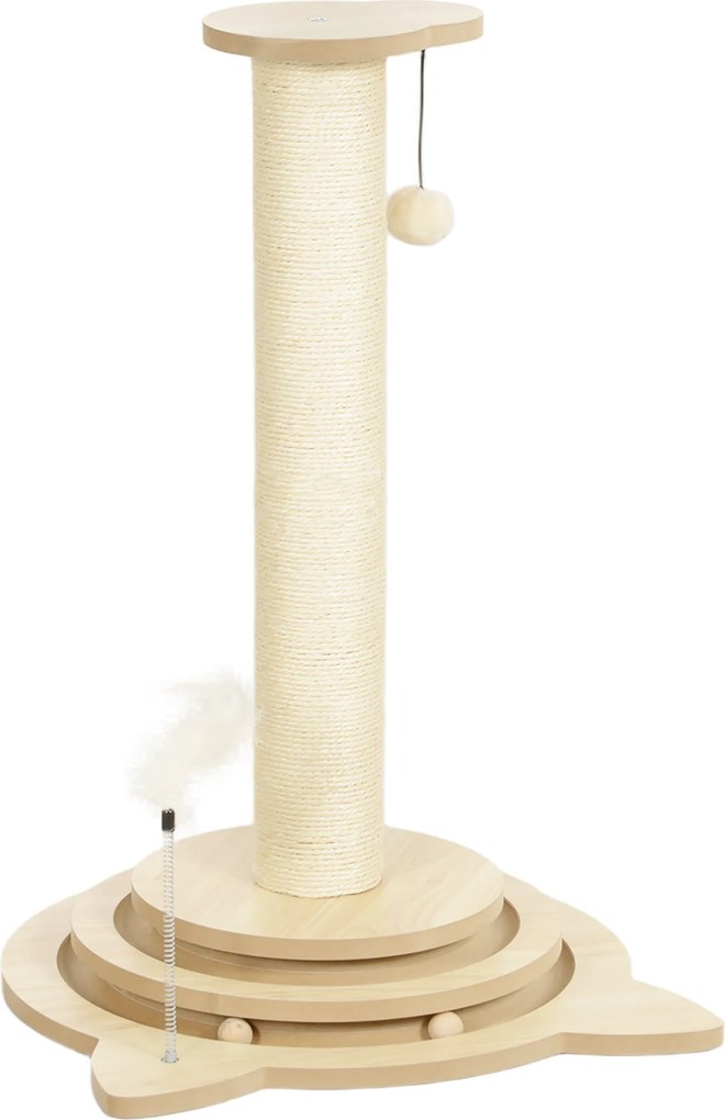 PawHut Drapak dla Kotów, 69 cm, Słup z Sizalu, Tor z Kulkami, Zabawka, Design 4-w-1, Kremowy