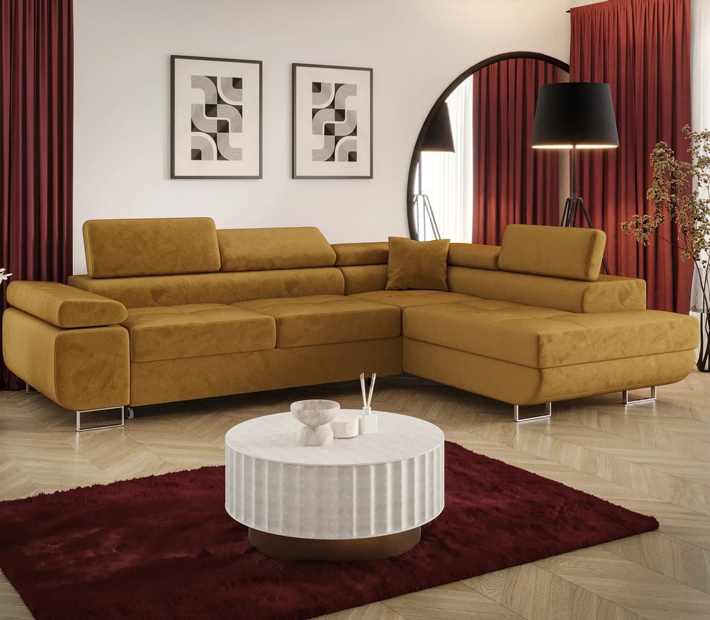 Żółty rozkładany narożnik welurowy z pojemnikiem R2-M65