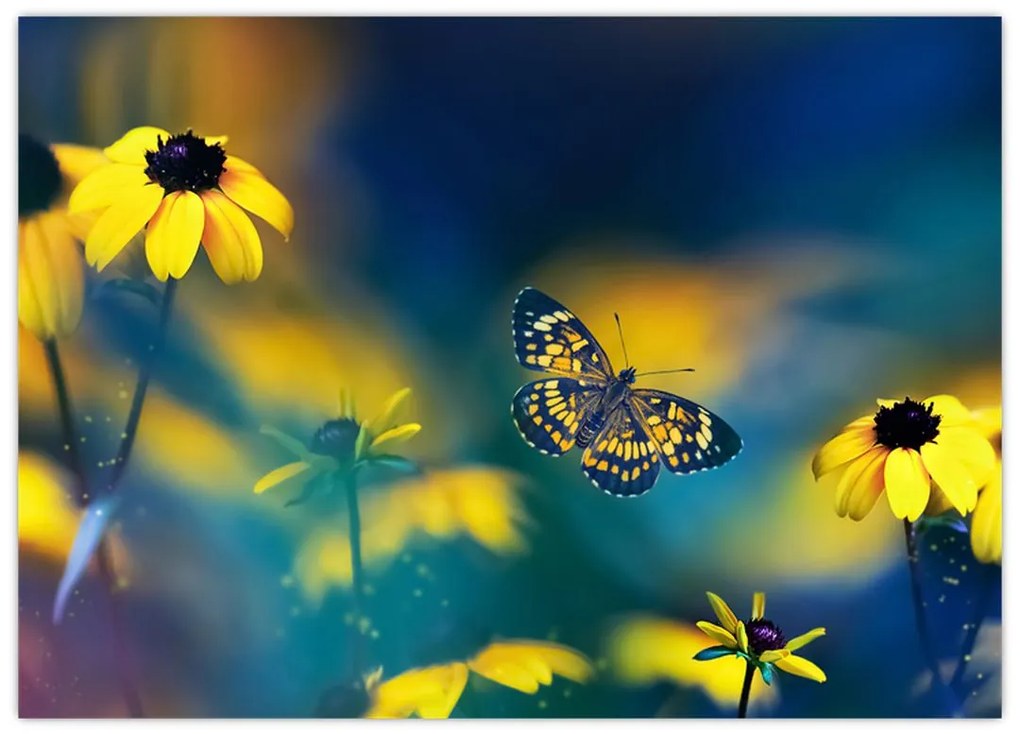 Obraz na szkle - Żółty motyl z kwiatami (70x50 cm)