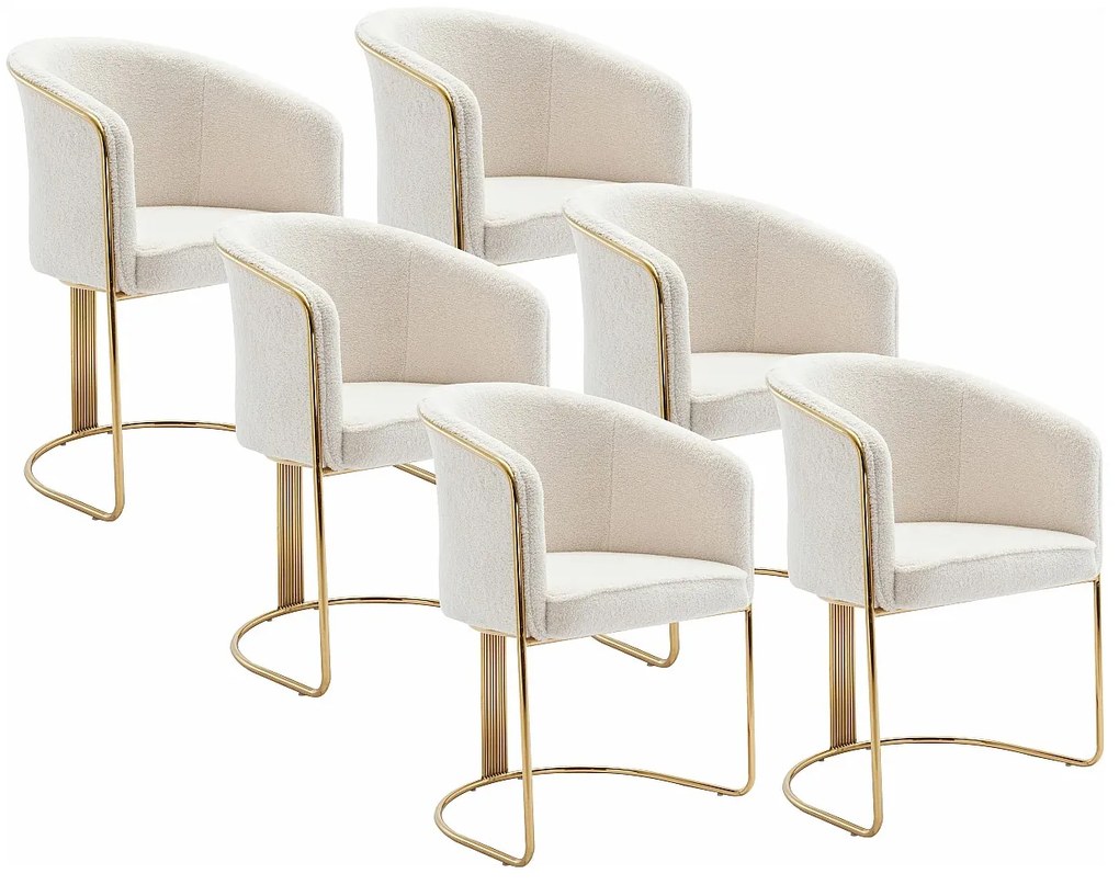Zestaw 6 krzeseł z podłokietnikami z tkaniny bouclette i metalu - Biały i złoty - JOSETHE marki Pascal Morabito
