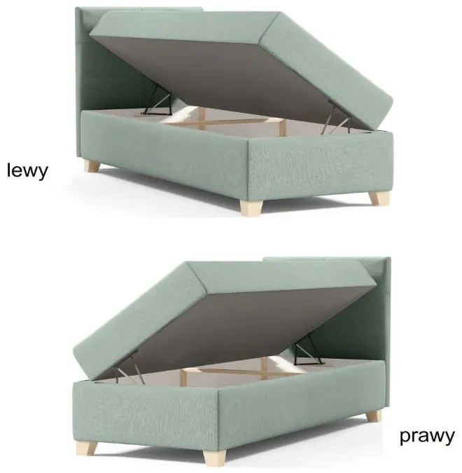 Eleganckie łóżko kontynentalne z wygodnym materacem i praktycznym pojemnikiem na pościel - DOMI 100 cm, szare, strona lewa