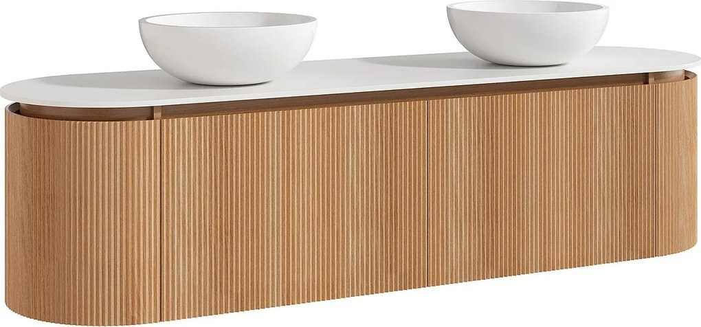 Wisząca ryflowana szafka łazienkowa z dwiema okrągłymi nablatowymi umywalkami z solid surface – jasny naturalny – szer. 180 cm – LILIKO