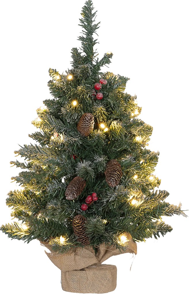 HOMCOM Sztuczna choinka, 86 gałązek, 50 ciepłobiałych LED, szronione końcówki, ognioodporna, 0,6 m | Aosom PL