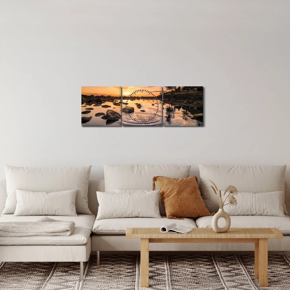 Obraz powierzchni wody o zachodzie słońca (z zegarem) (90x30 cm)