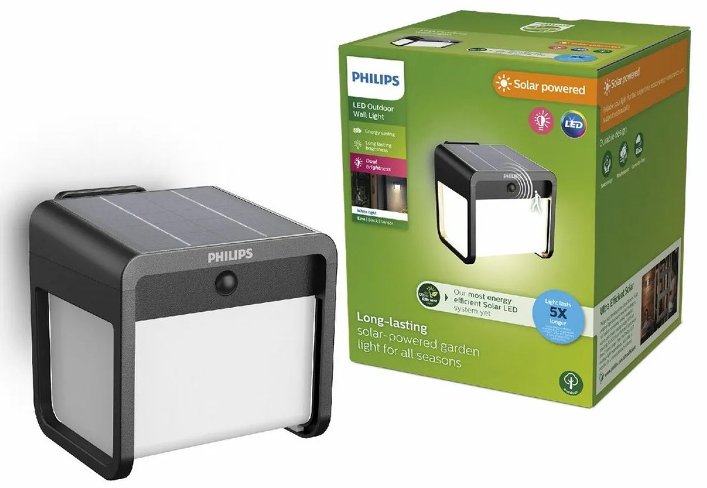 Philips Ezra UltraEfficient solarna oprawa LED,czujnik, czarna, 1,8 W, 250/25 lm, 3000 K