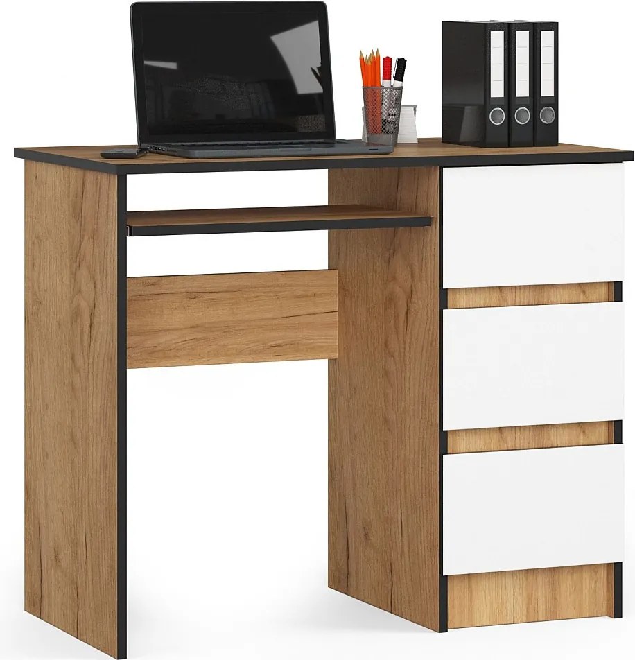 Biurko komputerowe AKORD A6 Dąb Craft 90 cm prawe 3 szuflady kolor Biały mat 1 półka 90x50x77 cm