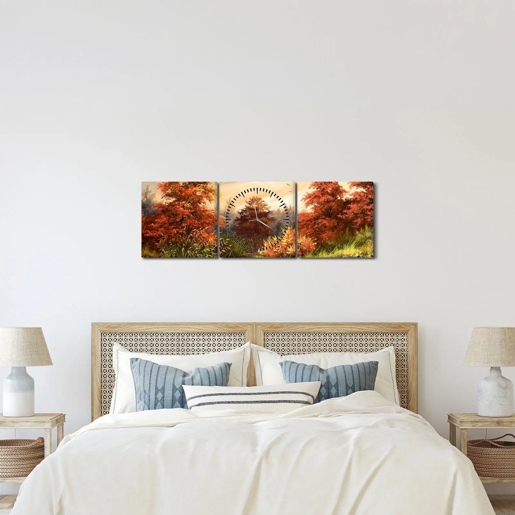 Obraz rzeki w jesiennym krajobrazie, obraz olejny (z zegarem) (90x30 cm)