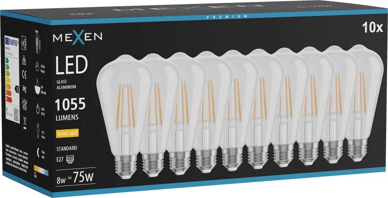 Mexen Vintis 10x żarówka filament LED E27, ST64, 8W, Ciepła - 2700K, 1055 lm, clear - L152-E27-0827-00x10
