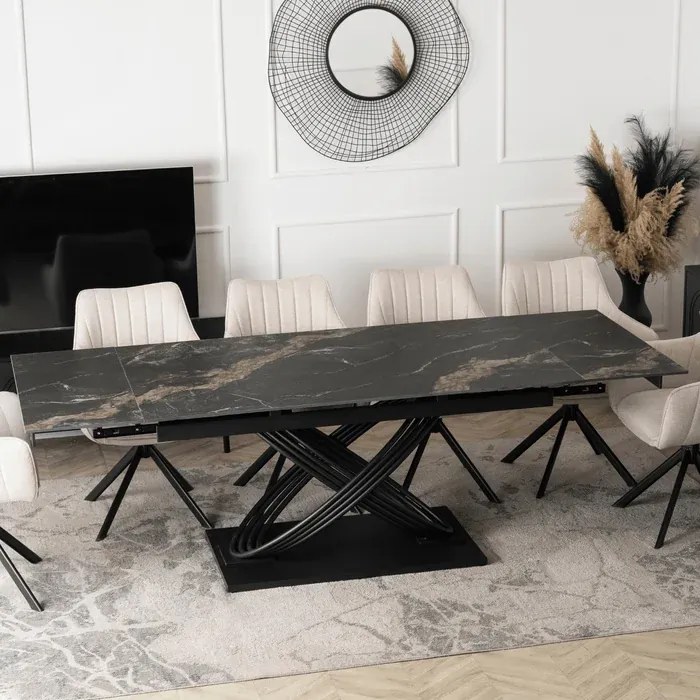 Zestaw Stół Rozkładany IBIZA 160-240 cm Czarny Marmur i 4 Krzesła Tapicerowane MUMBAI Kremowe Nowoczesne