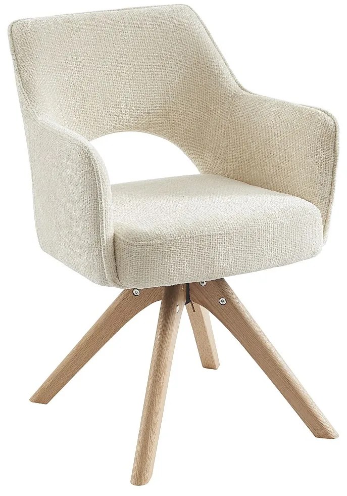 Krzesło obrotowe z podłokietnikami z tkaniny i drewna dębowego - Kremowy - KONYA