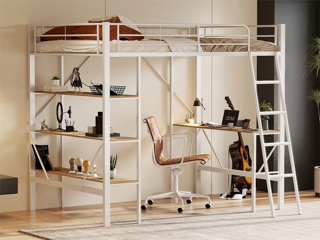 Łóżko mezzanine z żelaza - 90x200cm - z biurkiem i 3 półkami - Białe