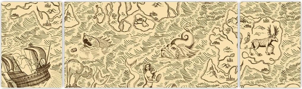 Obraz - Zabytkowa mapa, ilustracje (170x50 cm)