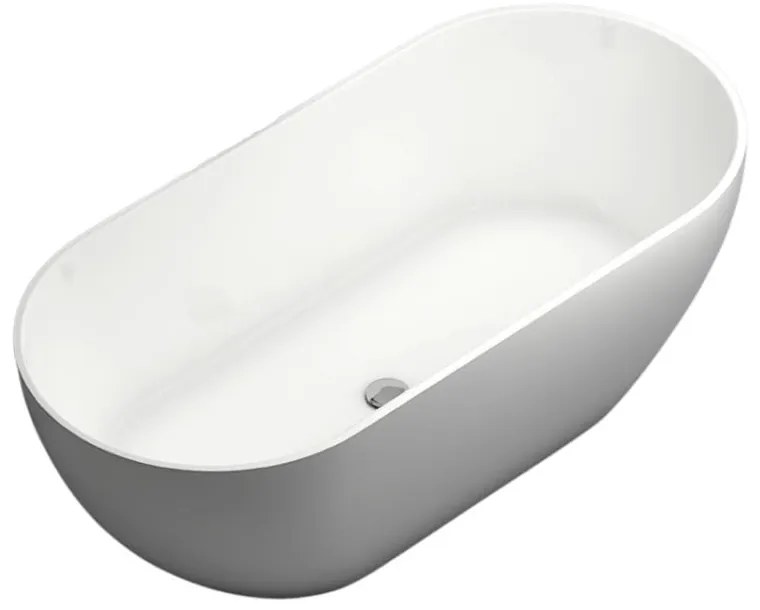 Wanna wolnostojąca owalna z konglomeratu 160 x 75 cm RONA White mat / połysk przelew typu SLIM cienki rant : Kolor wanny - Szary połysk