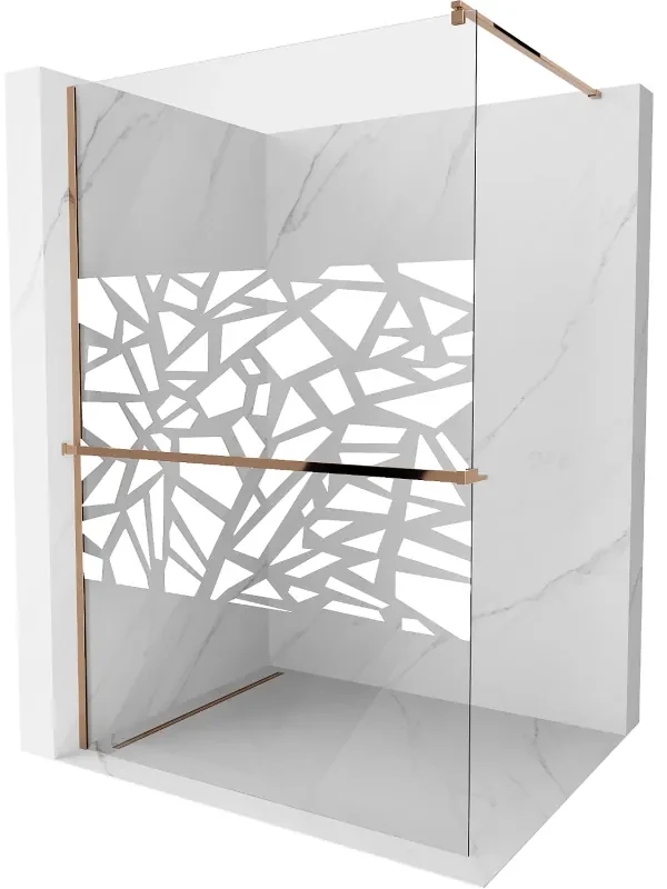 Mexen Kioto+ ścianka prysznicowa z półką Walk-in 130 x 200 cm, biały wzór, różowe złoto - 800-130-121-60-85