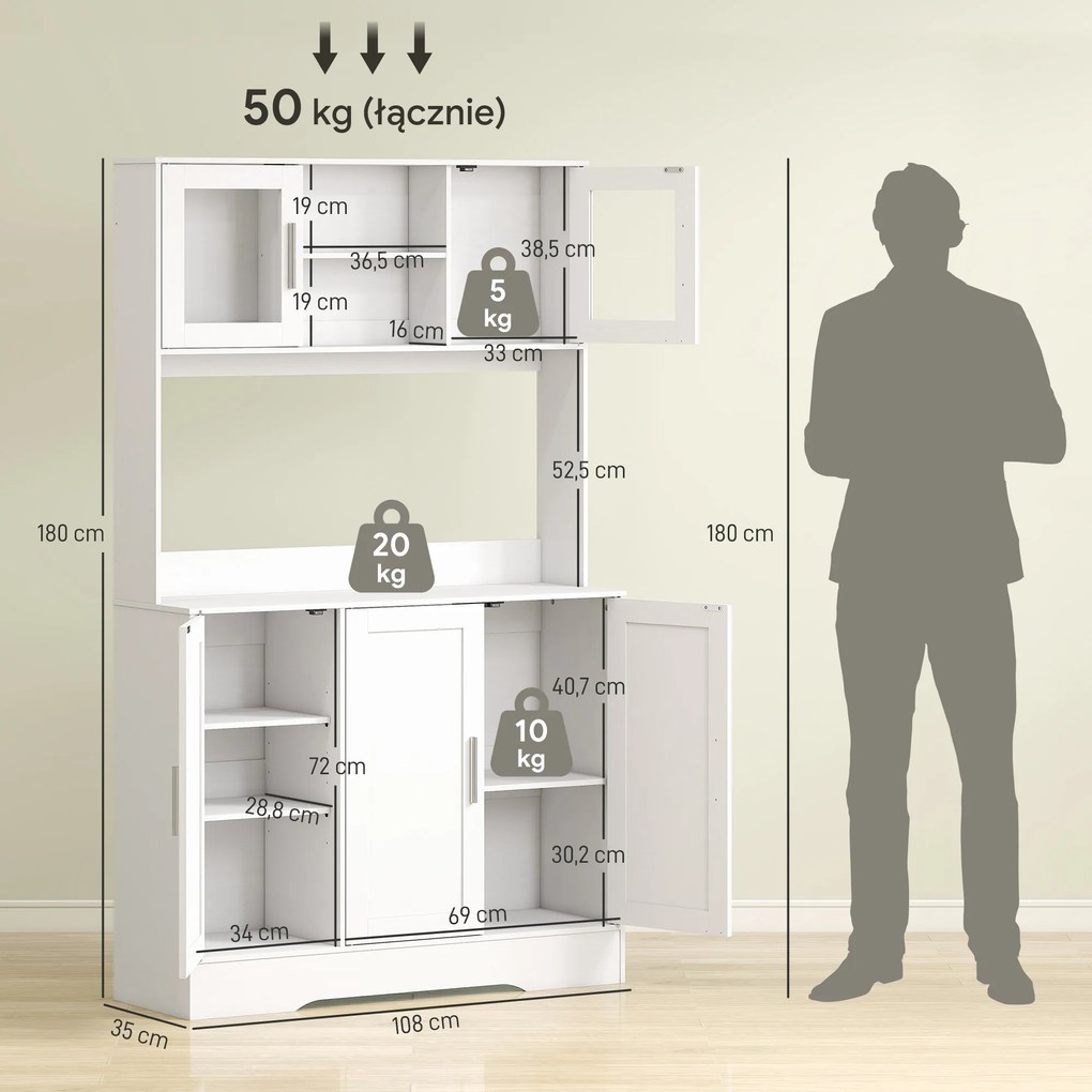 HOMCOM Szafka kuchenna, Design skandynawski, 4 szafki, Regulowane półki, Drzwi ze szkła, Otwarta przestrzeń, Płyta wiórowa, MDF, Biały