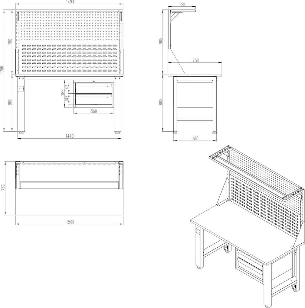 Stół warsztatowy z tablicą perforowaną Logan 150x75x170 cm antracyt/czerwony