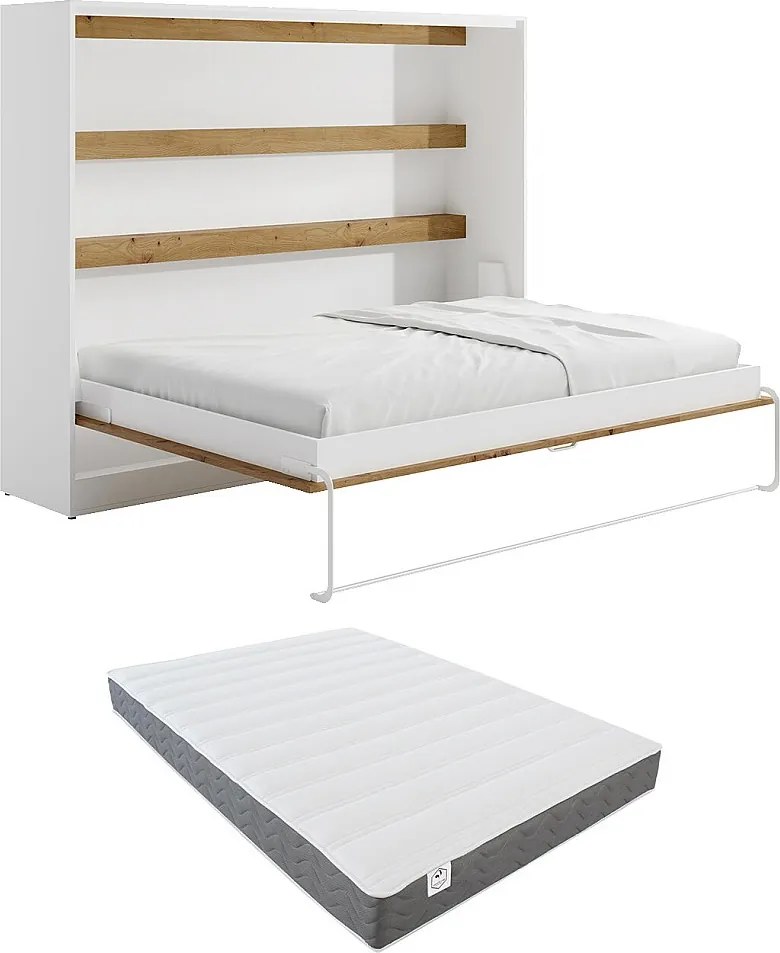 Łóżko chowane w szafie 140 × 200 cm – Otwieranie poziome manualne – Oświetlenie LED – Białe i naturalne + Materac – RAPILI