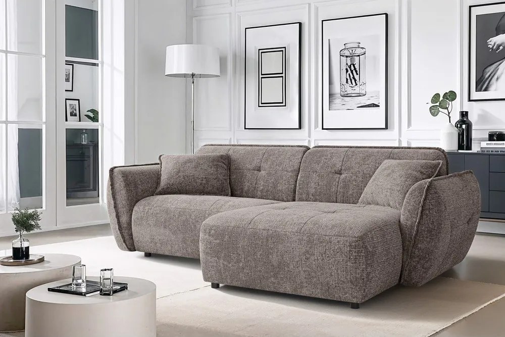 Szarobrązowy narożnik z tkaniny szenilowej (prawostronny/z szezlongiem) Nelia – Ropez