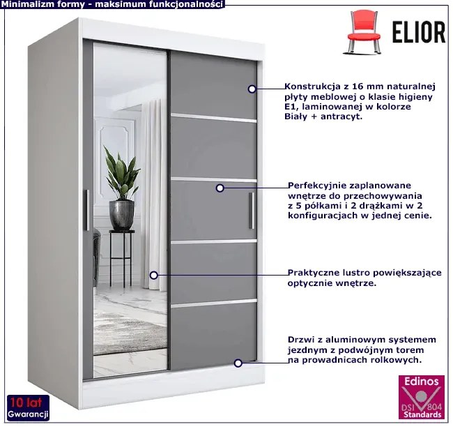 Szafa dwudrzwiowa z drzwiami przesuwnymi biały + antracyt 120x200 przesuwna Ebia 3X