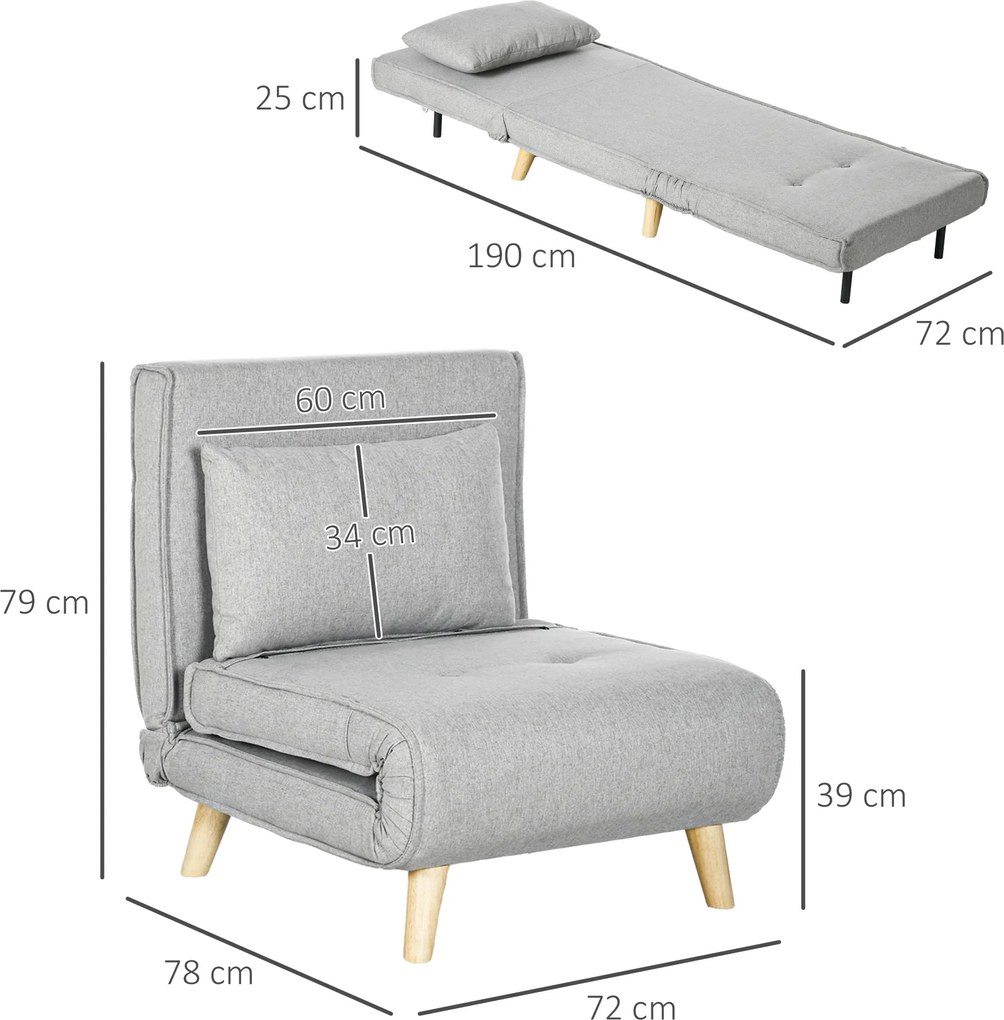 HOMCOM Fotel Rozkładany, 6-stopniowa Regulacja Oparcia, Wygląd Lnu, do 150 kg, Jasnoszary
