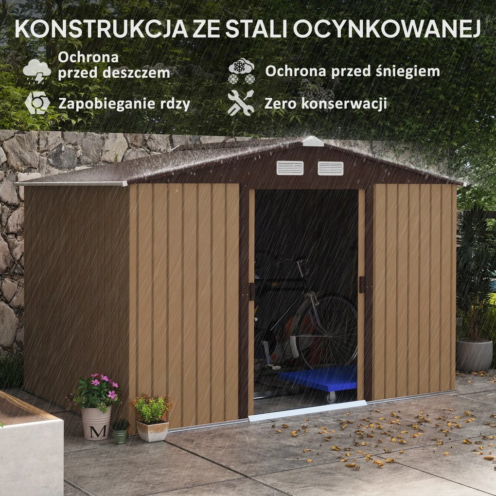 Outsunny metalowy domek narzędziowy z fundamentem żółty szopa ogrodowa 277x195x192 cm trwały i praktyczny | Aosom PL
