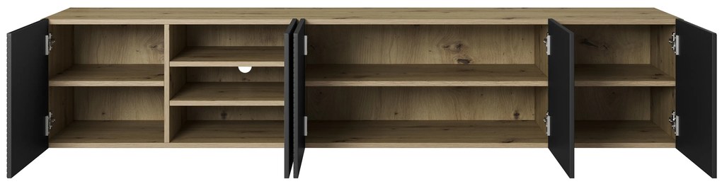 Szafka RTV wisząca Asha 200 cm z ryflowanym frontem i wnęką - artisan / czarny mat