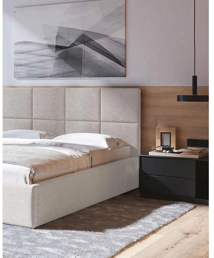 Beżowe tapicerowane łóżko dwuosobowe ze schowkiem i stelażem 160x200 cm Bufo – MESONICA