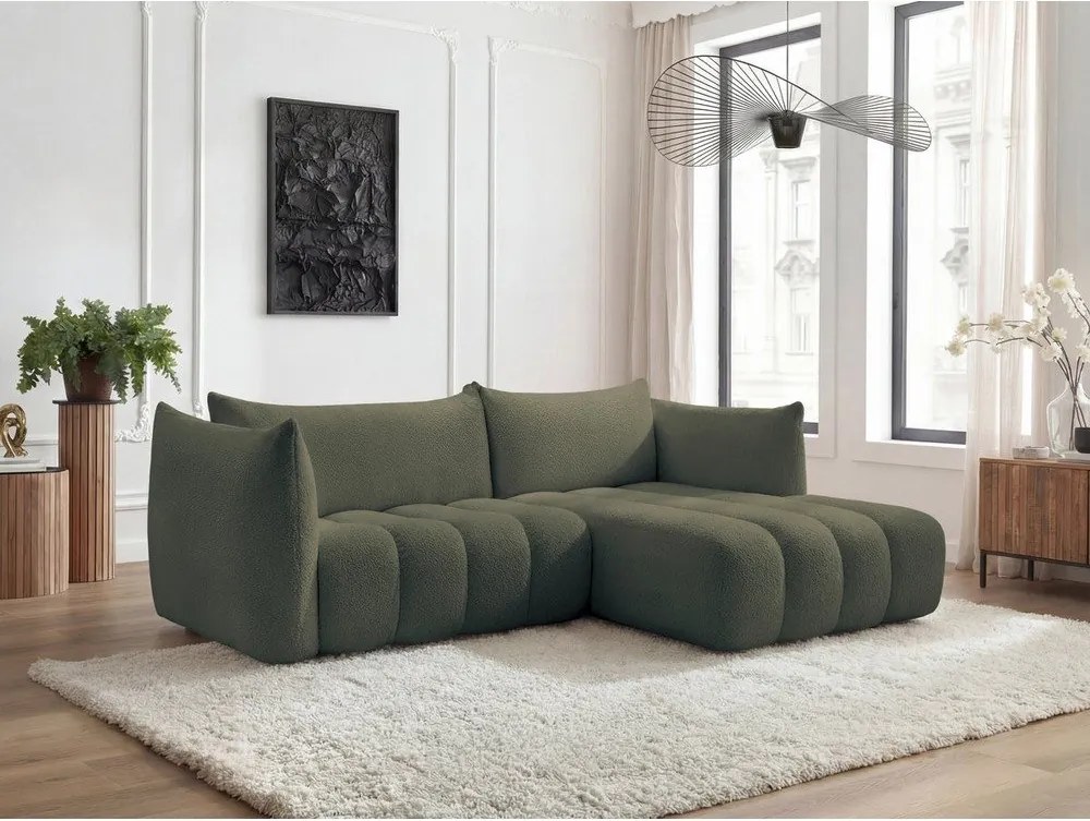 Zielony narożnik z materiału bouclé (prawostronny/z szezlongiem) Azra – Bobochic Paris