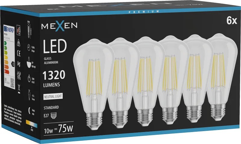 Mexen Vintis 6x żarówka filament LED E27, ST64, 10W, Neutralna - 4000K, 1320 lm, clear - L152-E27-1040-00x06