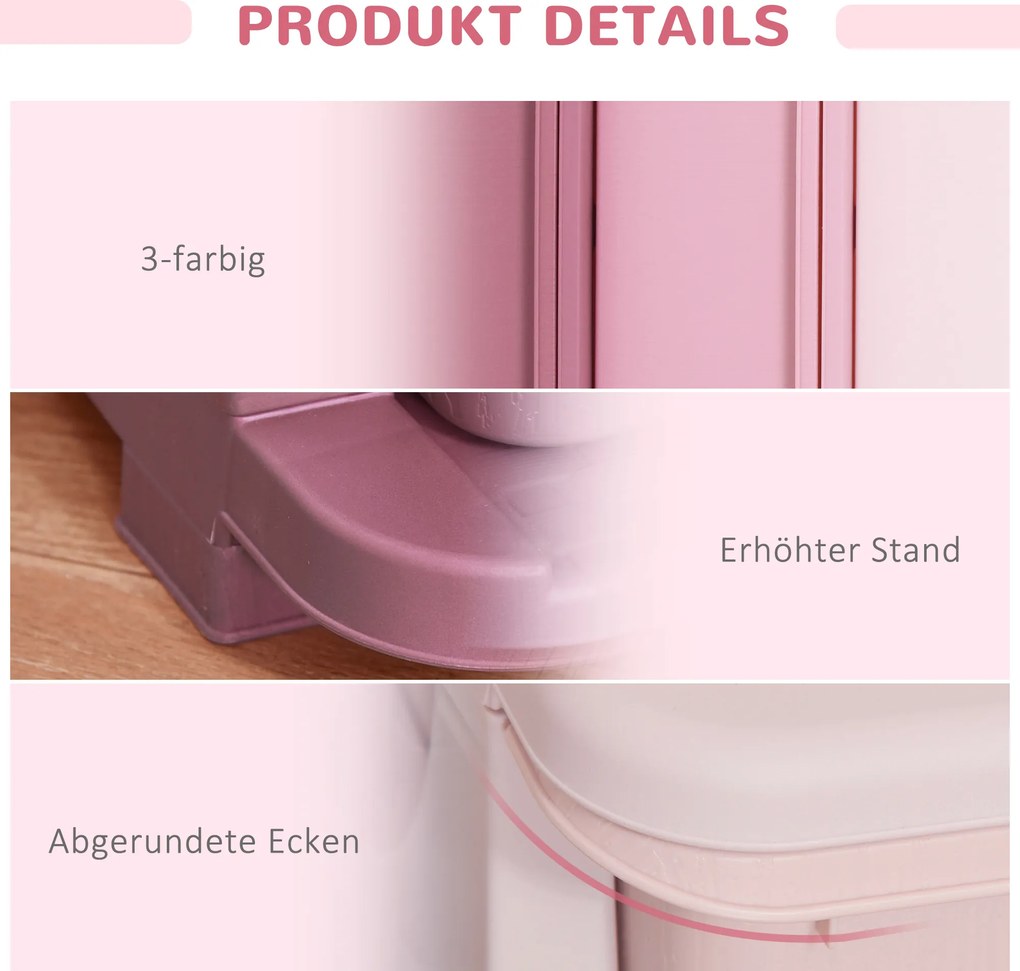 HOMCOM Pojemniki do przechowywania dla dzieci, 3 szuflady, zaokrąglone krawędzie, podwyższona konstrukcja, 37x37x56,5 cm, Różowy