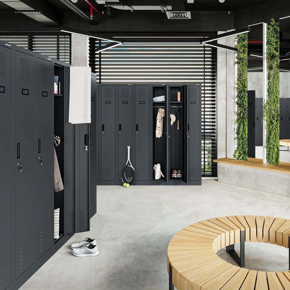 Szafka pracownicza metalowa antracytowa: czterokomorowa KACPER II, 600 x 1800 x 500 mm