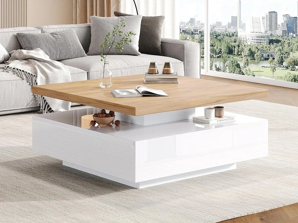 Stolik kawowy obrotowy 360° kwadratowy - 70x70x36 cm - z 1 szufladą - biały i naturalny