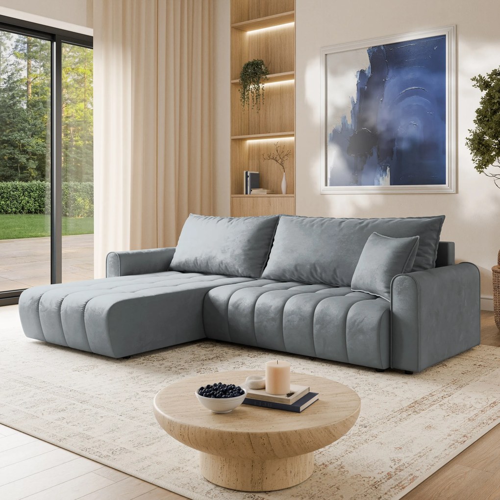 Masseno Narożnik FRIGA z funkcją spania i pojemnikiem na pościel Narozniki L, Rozkładana sofa - Szary, MONOLITH 85