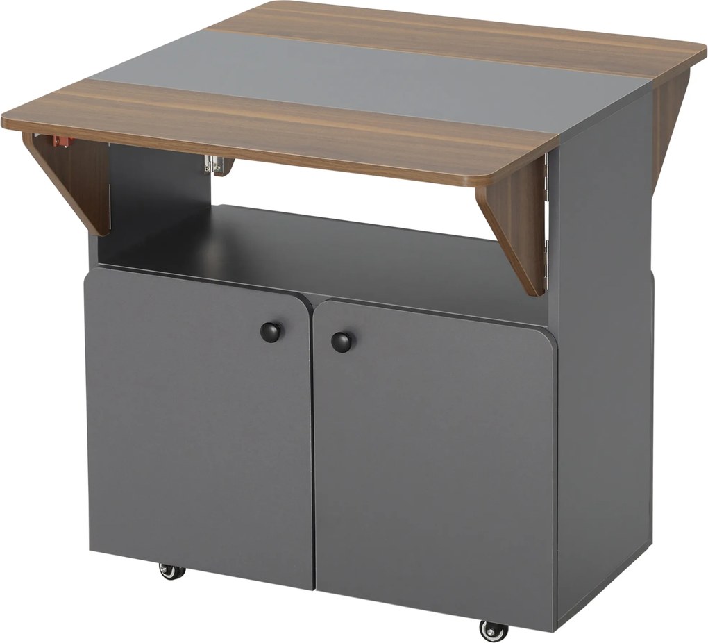 HOMCOM Składany Stół z Wózkiem, z dwoma składanymi bokami, przegródka, 4 kółka, Jasnoszary + Ciemnobrązowy, 70 x 83 x 75 cm