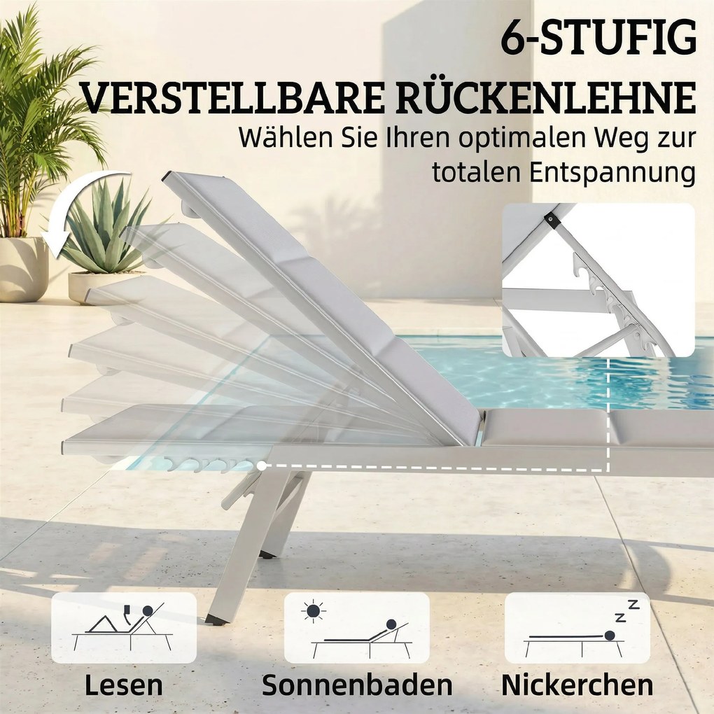 Outsunny Leżak oddychający — leżanka ogrodowa z 6-stopniowo regulowanym oparciem, rama aluminiowa, jasnoszary | Aosom PL