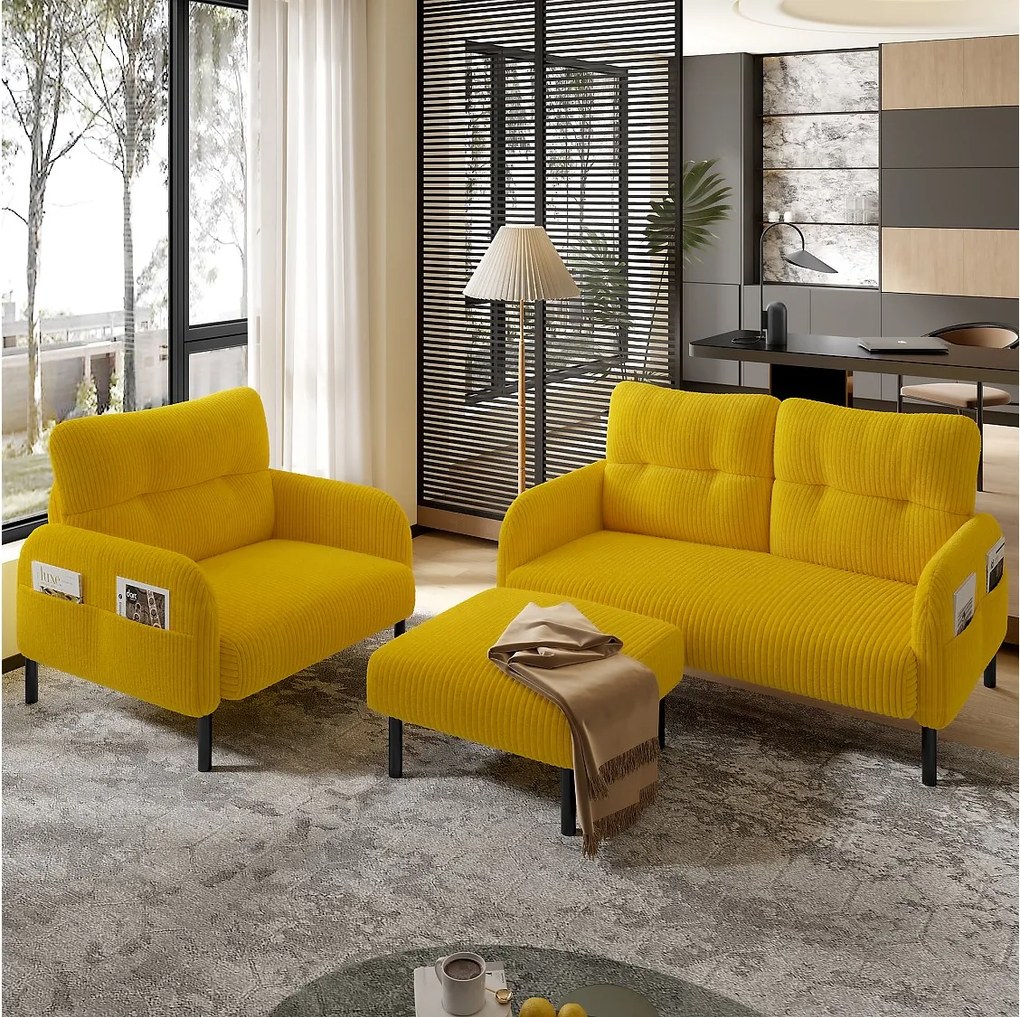 Zestaw wypoczynkowy 3-osobowy - 120 x 75 x 79 cm - z podnóżkiem + sofa 2-osobowa + fotel - Velvet - żółty