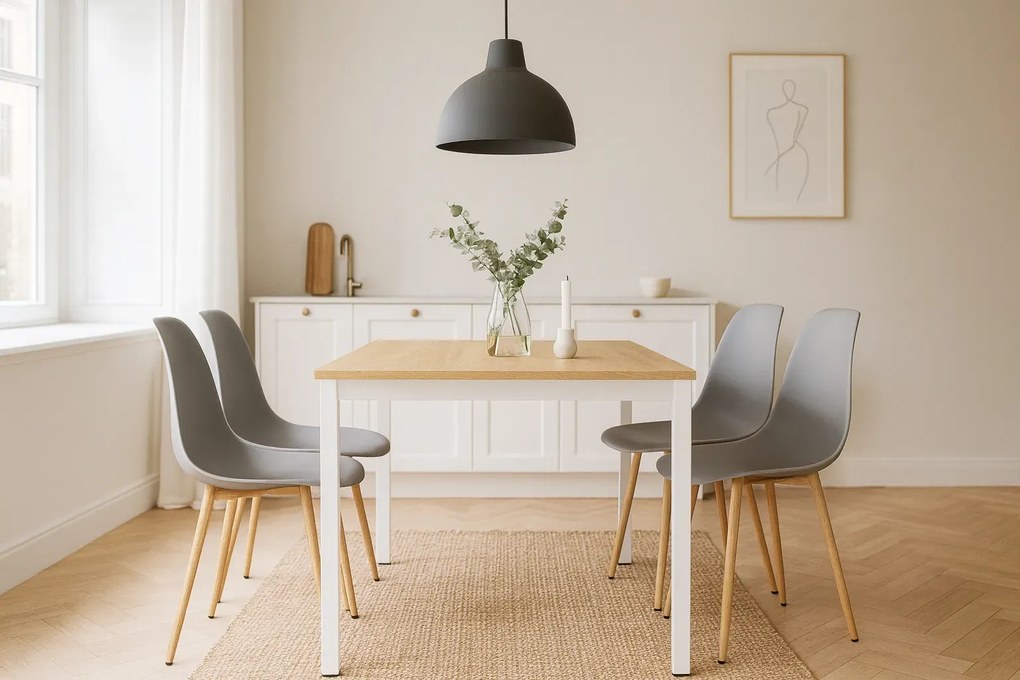 Prostokątny stół z 4 szarymi krzesłami B2-D56