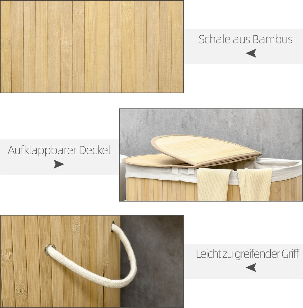 HOMCOM Kosz na bieliznę 100L z wyjmowaną ławą do prania 62,5 cm x 37 cm x 60,5 cm Naturalny + Biały