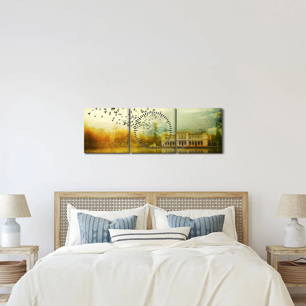 Obraz namalowanego krajobrazu z rezydencją (z zegarem) (90x30 cm)
