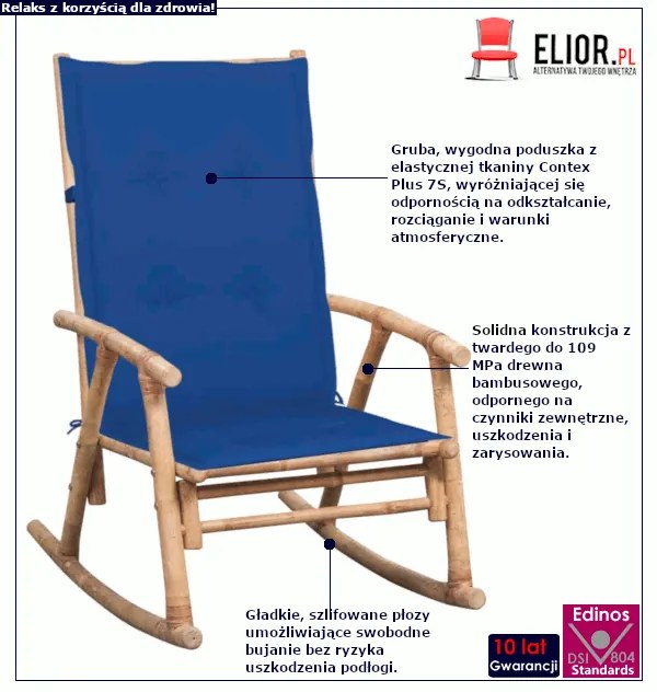 Bambusowy bujany fotel z ciemnoniebieską poduszką W6-P43