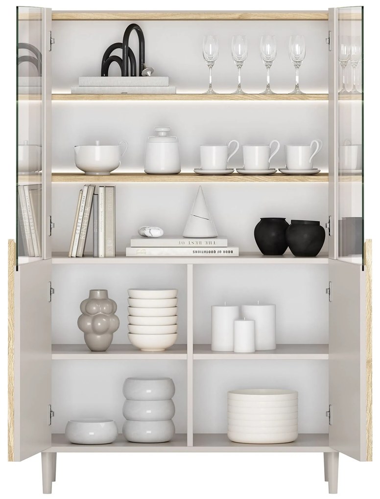 Witryna Amilio do salonu 100 cm na nóżkach - kaszmir / dąb olejowany / uchwyty dąb jasny